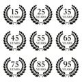 Anniversary laurel wreath icon set isolated on white background. 15, 25, 35, 45, 55, 65, 75, 85, 95 years. Template for congratula